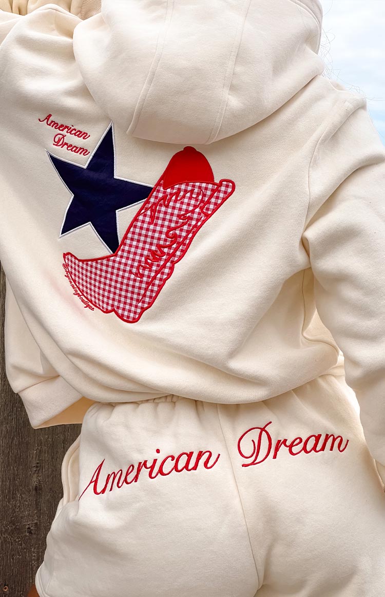 Beginning Boutique Beginning Cream American Dream Hoodie cream oversized hoodie with a back graphic of a navy star and red gingham boot