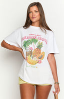 Beginning Boutique Beginning Paradise Fruits White Tee white oversized crew neck tee with short sleeves and a large tropical fruit graphic print