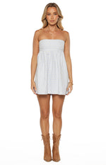 Light blue and white gingham strapless mini dress with a textured fabric, fitted bodice, and gathered skirt