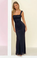 Full length black mesh maxi dress with a square ruched neckline and wide shoulder straps