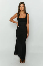 Black mesh maxi dress with square neckline, wide straps, ruched bodice, and fitted silhouette
