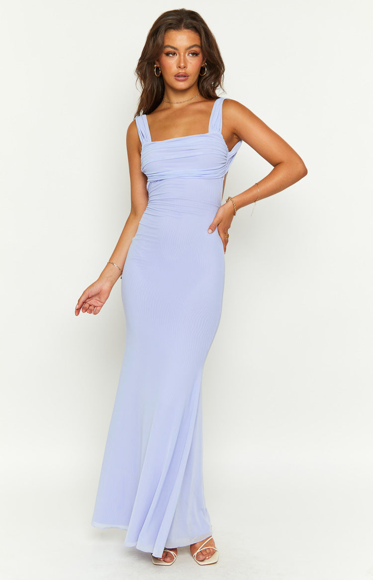 Lilac mesh maxi dress with a square neckline, wide ruched straps, and a fitted ruched bodice flowing into a sheer skirt