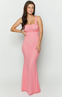 Beginning Boutique Beverley Pink Mesh Maxi Dress pink mesh ruched bodice bodycon maxi dress with low scoop back and criss-cross tie detail