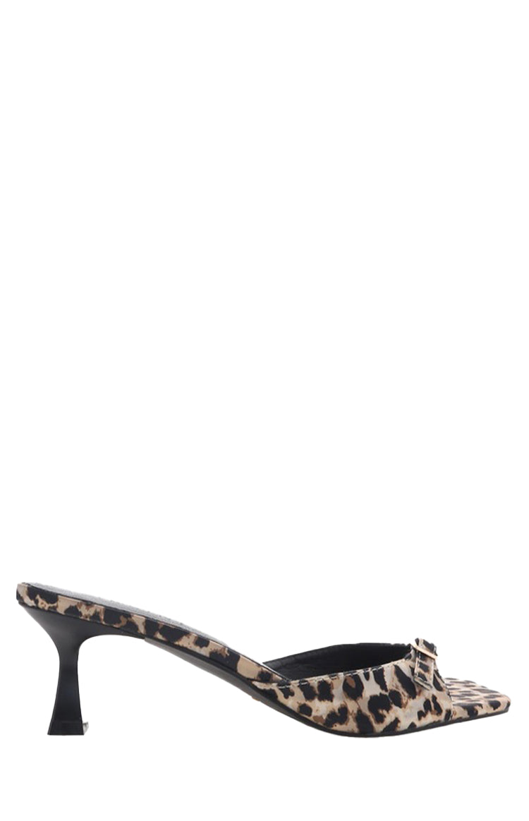 Side view of a leopard print mule heel with a square toe, small gold buckle, and black flared kitten heel