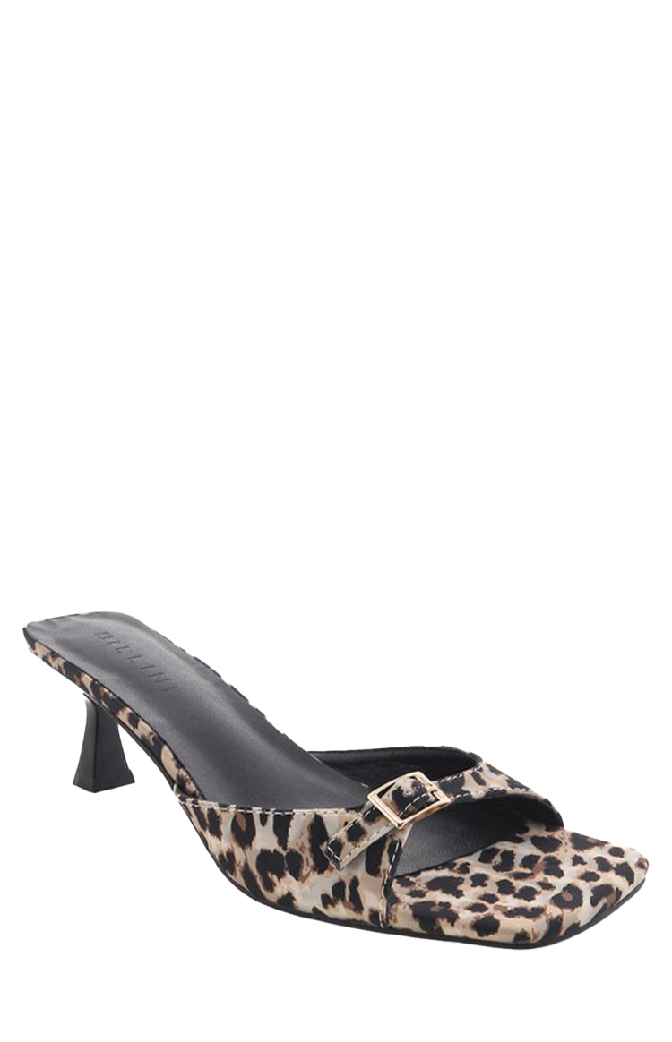 Side view of a leopard print mule heel with a square toe, gold buckle detail, and flared kitten heel