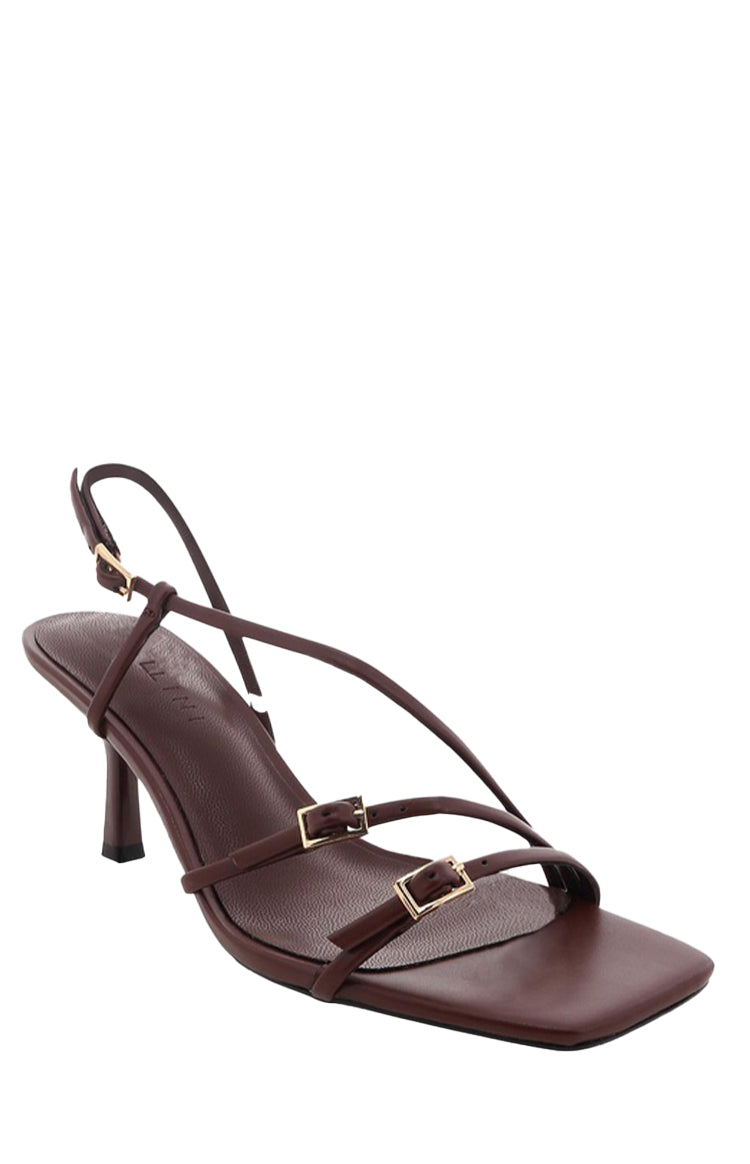 Chocolate brown heels with multiple thin straps, gold buckles on the front, and a square toe