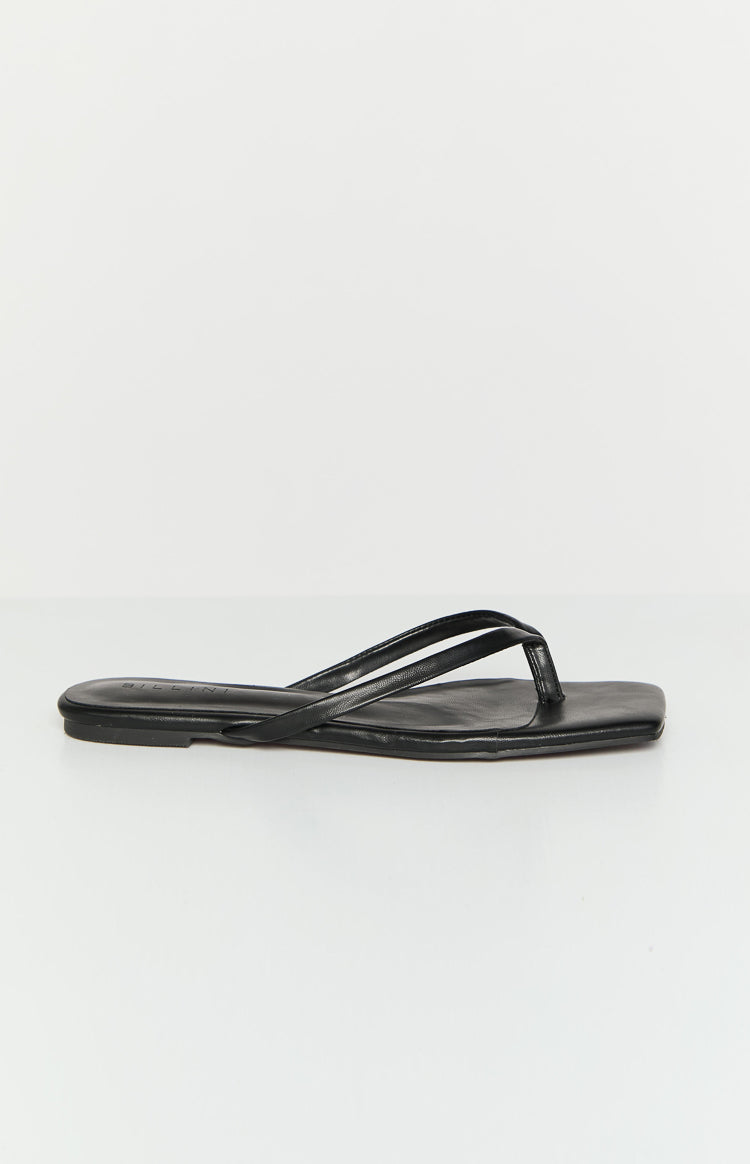 Side view of a black flat thong sandal with a square toe and thin double straps