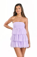 Lilac strapless mini dress with a ruched bodice and tiered ruffled tulle skirt