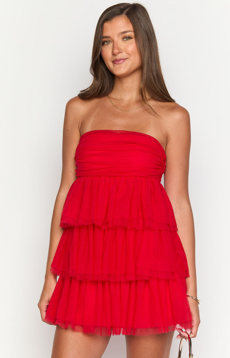 Red strapless mini dress with a ruched bodice and three-tiered ruffled skirt