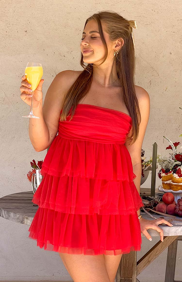 Beginning Boutique Birthday Girl Red Mini Party Dress red strapless ruched bodice tiered tulle mini dress