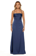 Full front view of a navy satin maxi dress with a draped strapless neckline and thin spaghetti straps