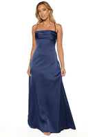 Beginning Boutique Blaise Navy Satin Maxi Dress navy satin maxi dress with a straight neckline, thin spaghetti straps, and a
