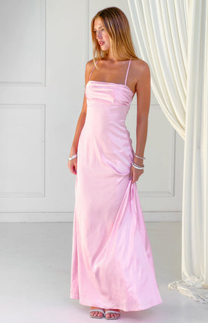 Beginning Boutique Blaise Pink Satin Maxi Dress pink satin strapless maxi dress with thin spaghetti straps and a gathered bus