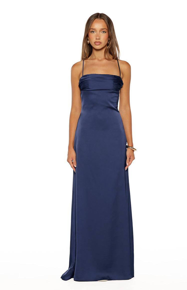 Full length front view of a navy satin maxi dress with a straight gathered bust and thin spaghetti straps