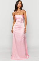 Beginning Boutique Blaise Pink Satin Maxi Dress pink satin strapless maxi dress with thin spaghetti straps and a gathered bus