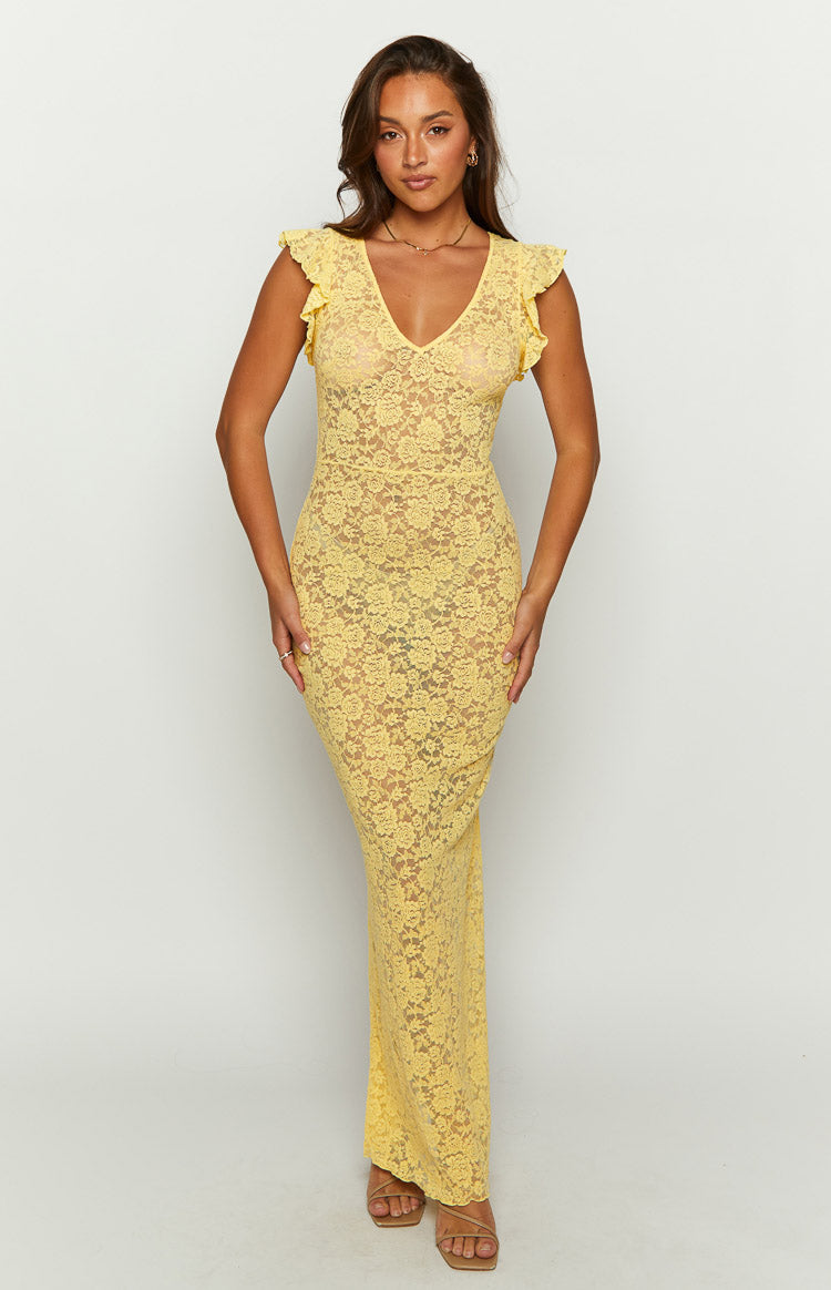 Rear view of a yellow lace maxi dress with a sheer V-neck lace back panel and ruffled cap sleeves