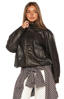 Beginning Boutique Blakely Brown Funnel Neck PU Jacket distressed brown PU jacket with a high funnel neck, long sleeves, fron