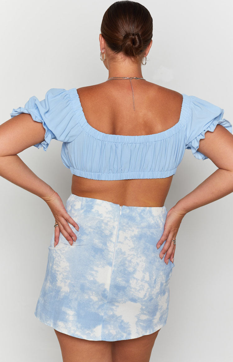 Light blue and white tie-dye denim mini skirt, A-line fit with a visible back zipper