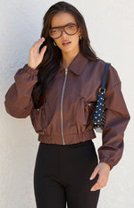Chocolate bomber jacket with side drawstring ruched waist, full zip front, collar, and elasticated cuffs