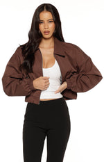 Front view of a chocolate brown bomber jacket with an open zipper, showing the collar and elasticated cuffs and hem