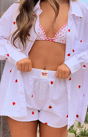Beginning Boutique Brad White Strawberry Embroidered Boxer Shorts white boxer shorts with red strawberry embroidery and elast