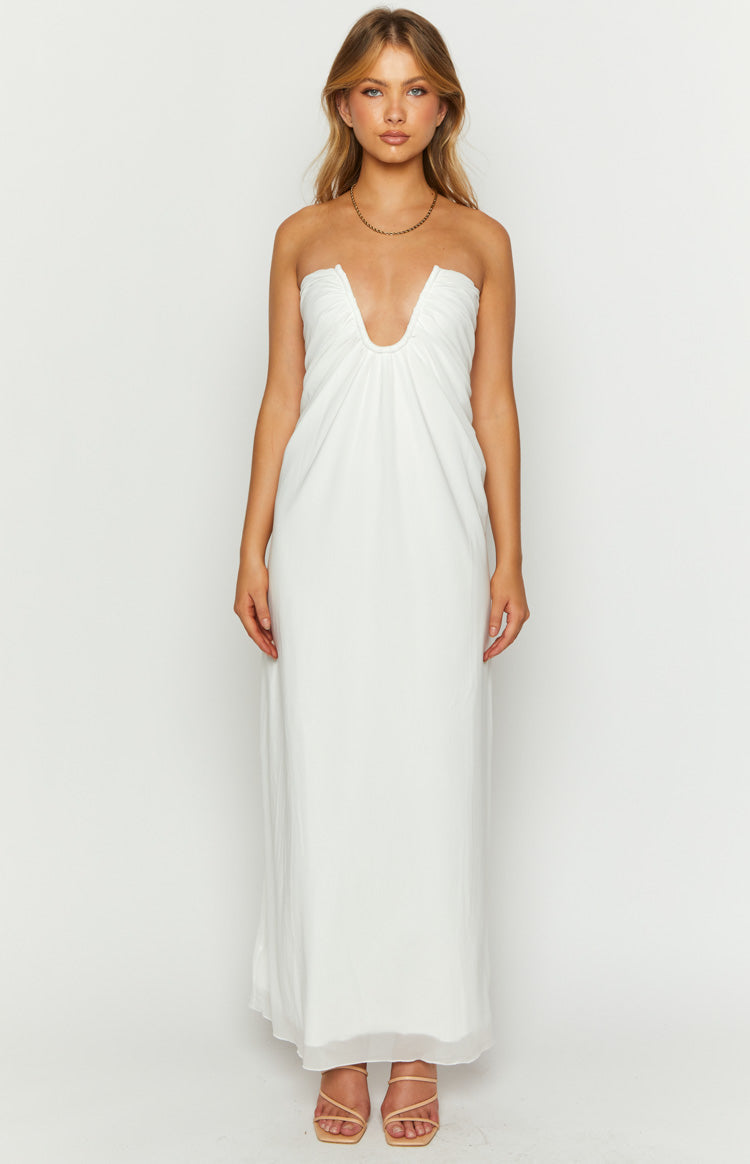 White strapless maxi dress with a deep V-neckline and gathered bust detail