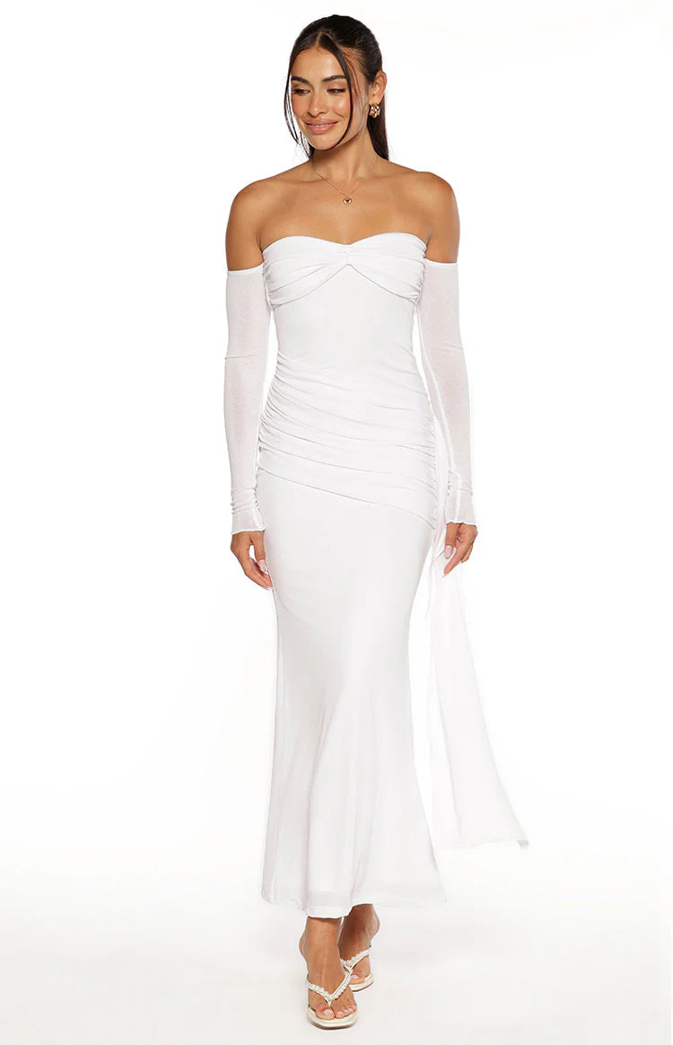 Breanna White Long Sleeve Ruched Maxi Dress