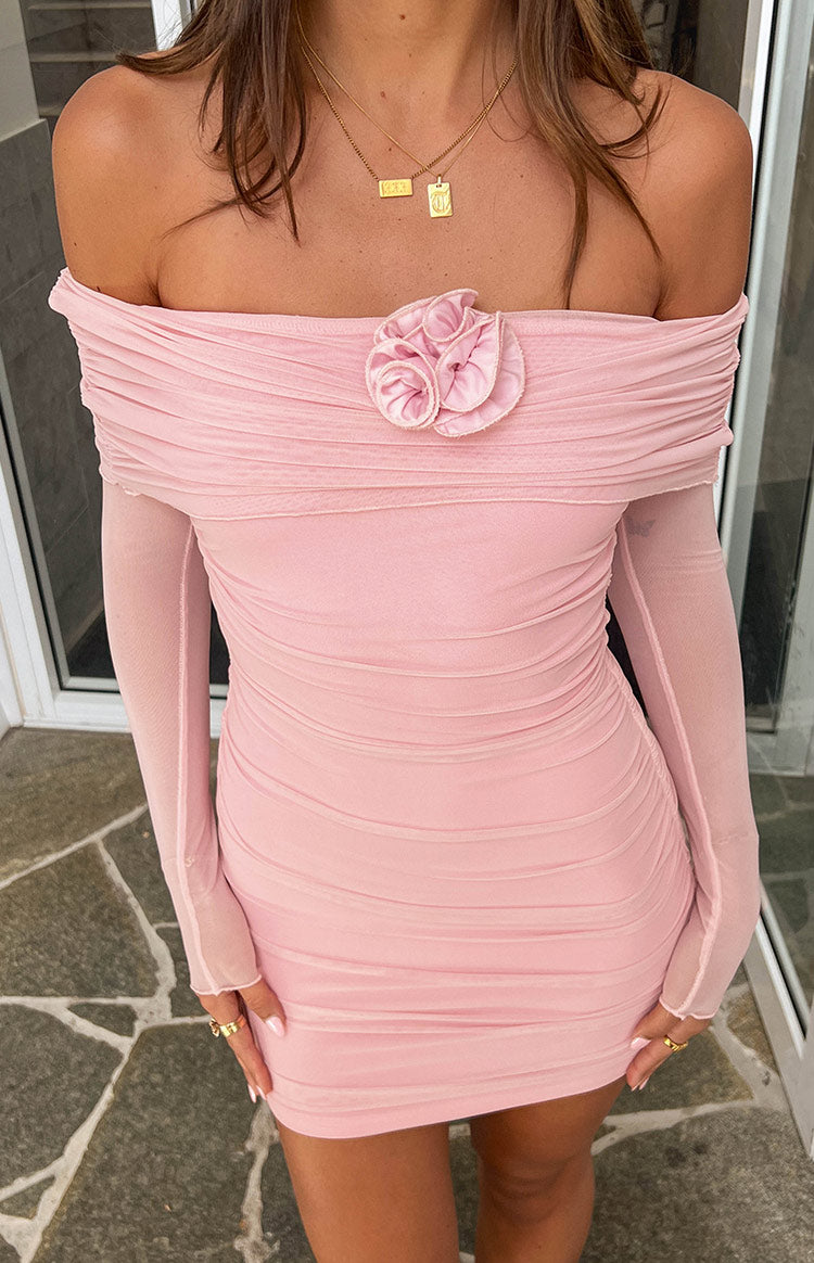 Beginning Boutique Bree Pink Mesh Long Sleeve Mini Dress pink mesh off-shoulder bodycon mini dress with ruched detailing and a 3D floral bust