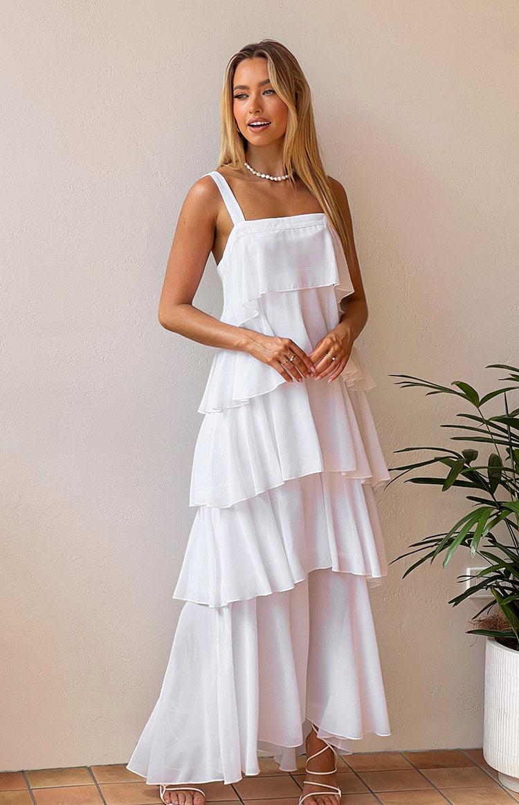 Beginning Boutique Brielle White Layered Frill Maxi Dress white square neck sleeveless tiered maxi dress