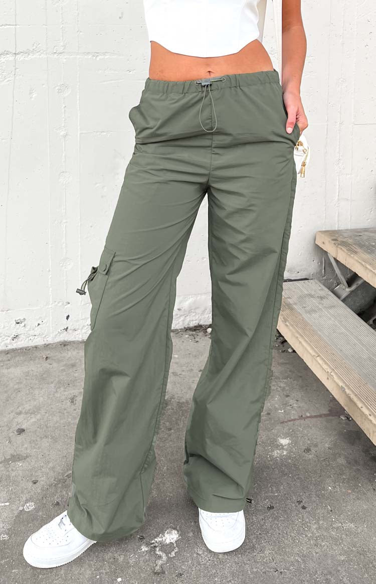 Beginning Boutique Bronx Khaki Drawcord Cargo Pants khaki elastic waist wide-leg cargo pants with side and cargo pockets and drawcord details