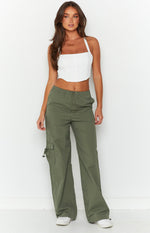 Khaki wide-leg cargo pants with an elasticated drawcord waist and side cargo pockets with drawcord hems