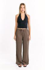 Brown stripe wide-leg pants with a drawstring waistband and relaxed fit