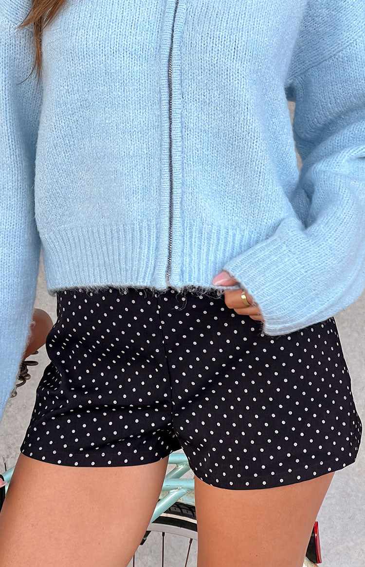 Beginning Boutique Brynn Black Polka Dot Shorts black high-waisted mini shorts with white polka dots