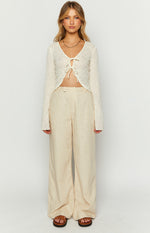 Cream linen blend high-waisted wide-leg pants with a relaxed fit