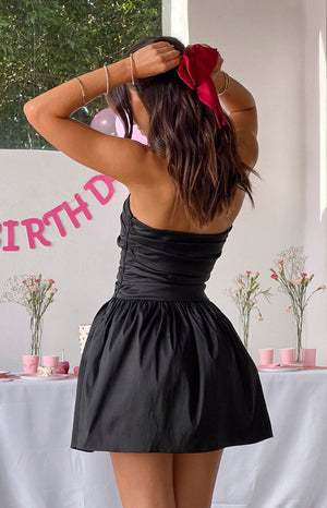 Beginning Boutique Call On Me Black Strapless Mini Dress black strapless ruched bodice mini dress with a voluminous gathered skirt