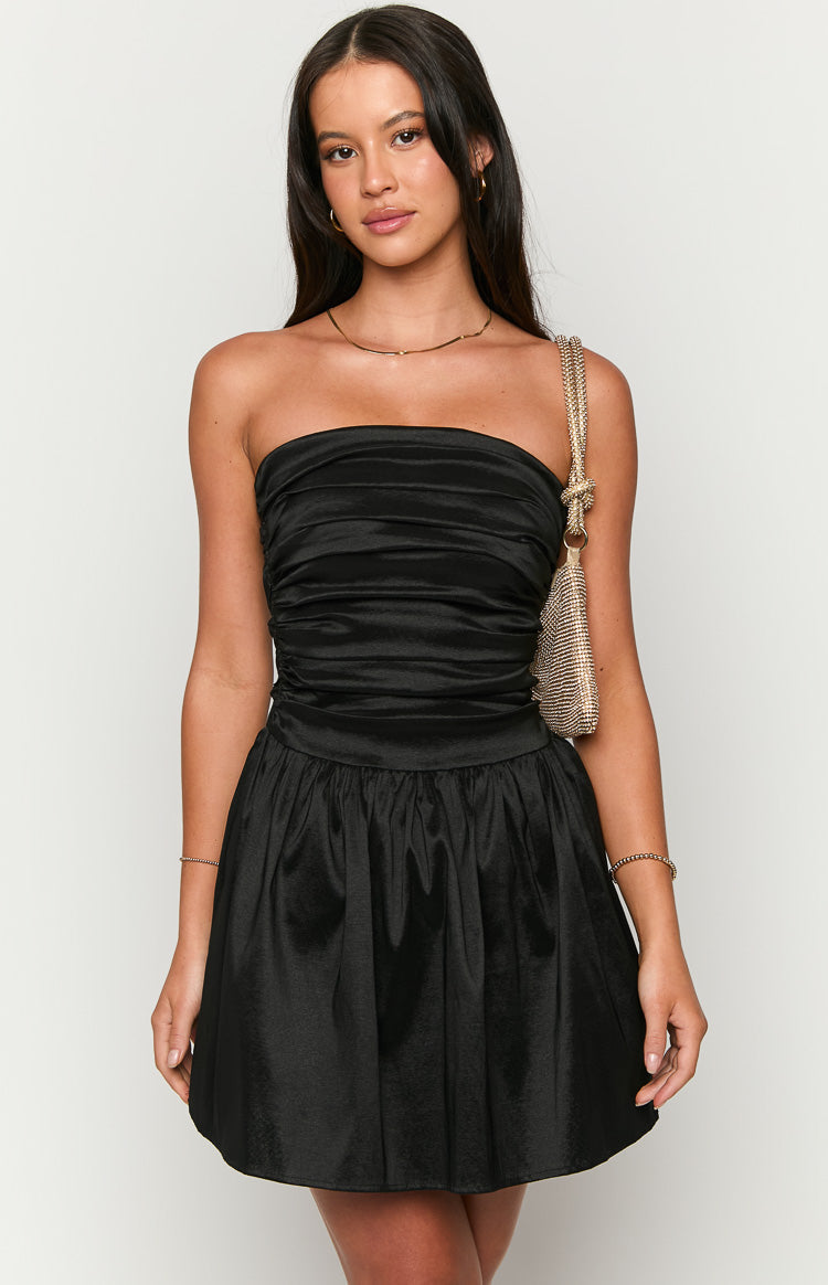 Black strapless mini dress with a ruched textured bodice and a full gathered skirt