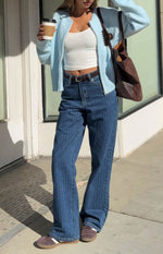 Calliope Pinstripe Mid Wash Mid Rise Slouchy Jeans Image