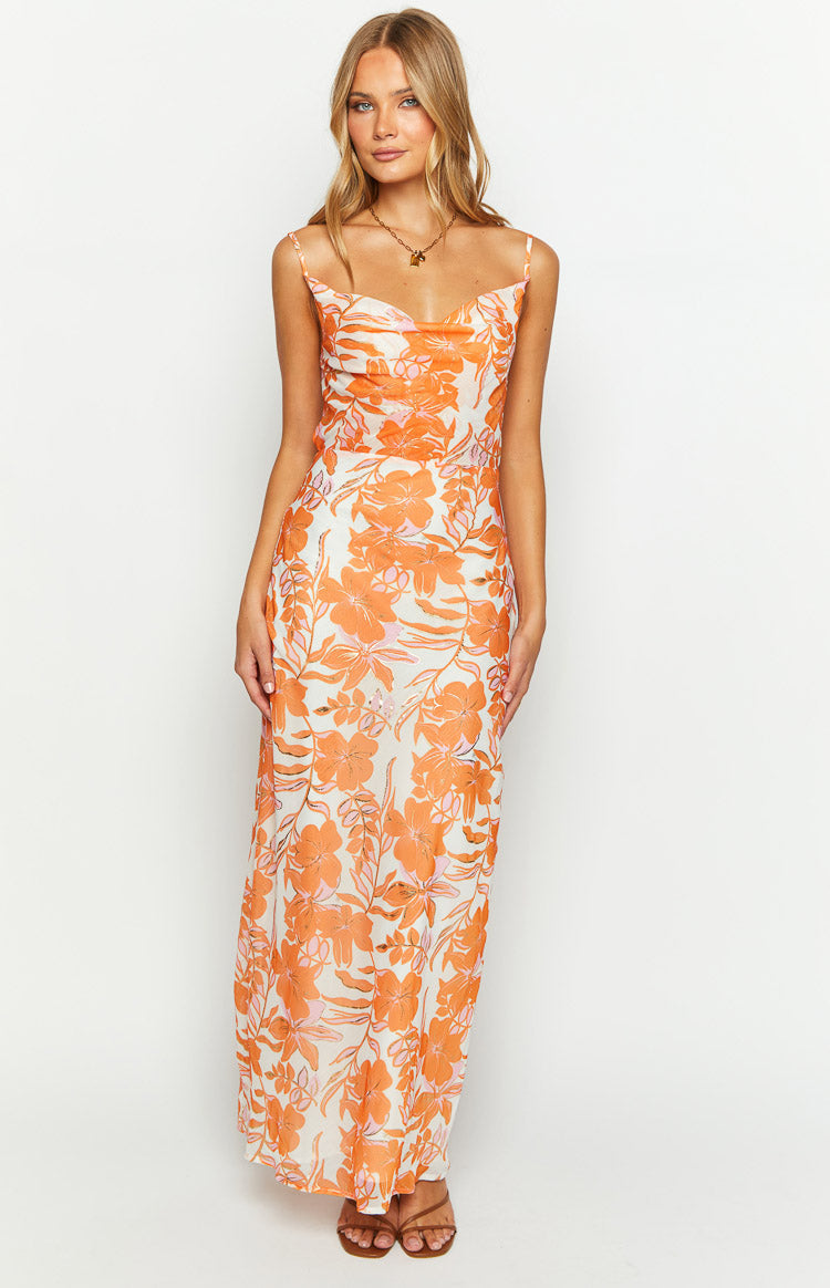 Cambri Orange Floral Chiffon Maxi Dress Beginning Boutique NZ