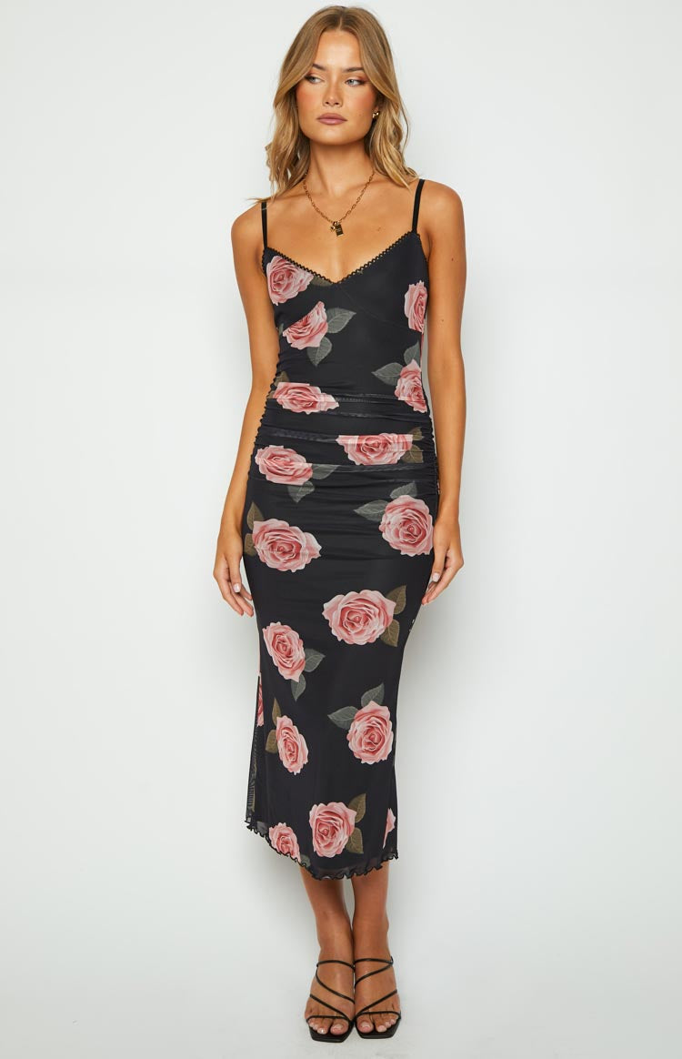 Capri Black Floral Mesh Midi Dress Image