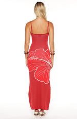 Carly Red Knit Hibiscus Print Maxi Dress Image