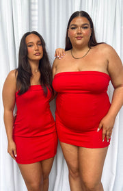 Red strapless mini dress with a straight neckline, showcasing its fitted silhouette on varying body shapes