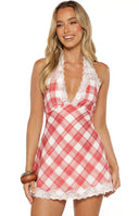 Beginning Boutique Cassidy Red Plaid Print Mini Dress red and white plaid print halter neck mini dress with white lace trim