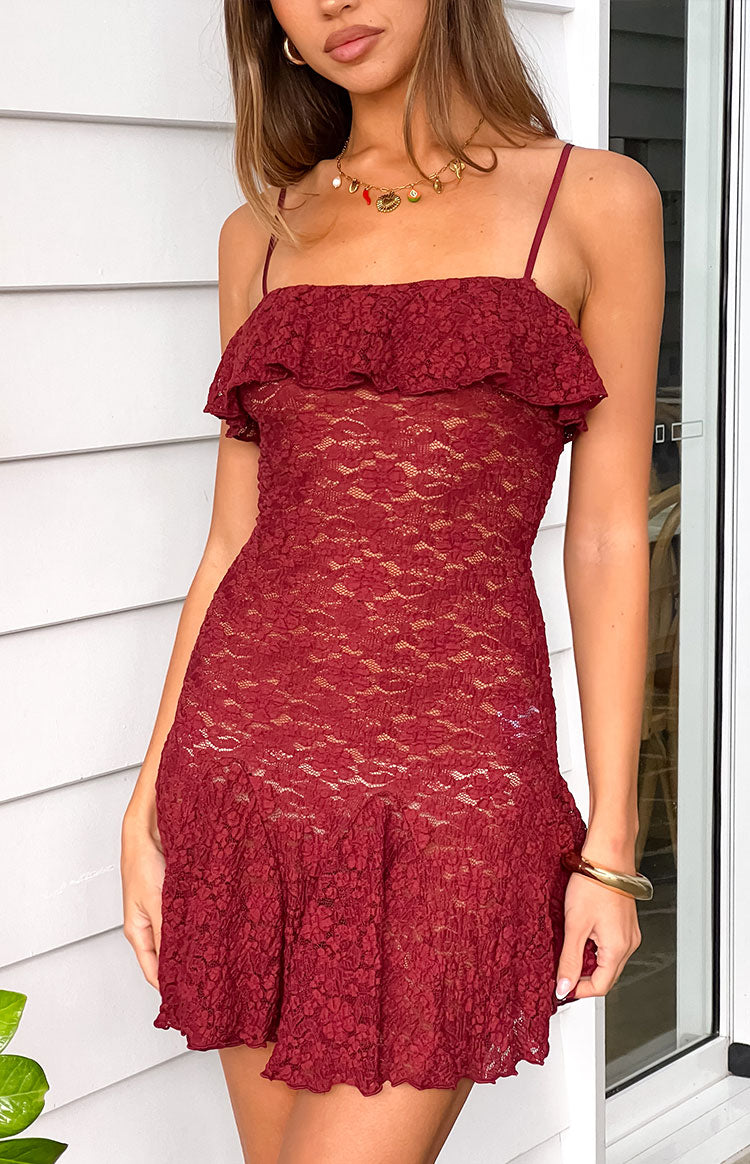 Beginning Boutique Celeste Wine Lace Party Mini Dress wine floral lace mini dress with spaghetti straps and ruffled bust