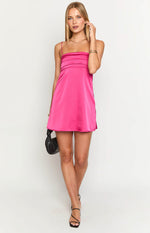 Hot pink satin mini dress with a straight neckline, thin spaghetti straps, and horizontal pleating across the bust
