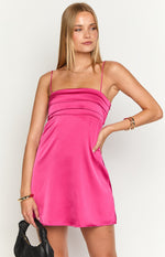 Hot pink satin mini dress with a straight neckline and pleated bodice detail
