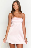 Beginning Boutique Chantell Pink Mini Dress light pink satin mini dress with a straight neckline ruched bodice and spaghetti