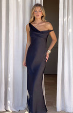 Charm Black Off Shoulder Formal Satin Maxi Dress