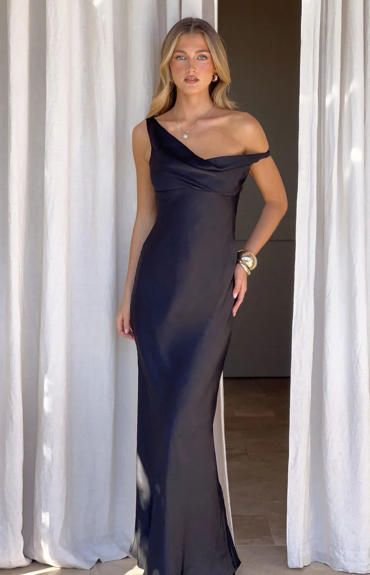 Charm Black Off Shoulder Formal Satin Maxi Dress