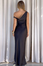 Charm Black Off Shoulder Formal Satin Maxi Dress