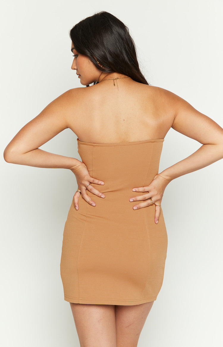 Rear view of the brown strapless mini dress, showing the fitted bodice and bodycon silhouette